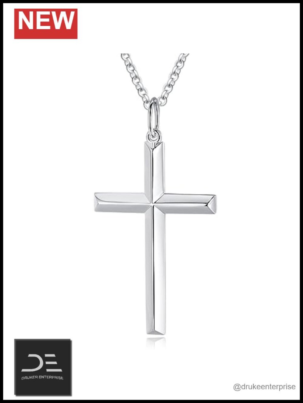 White Gold Plated 925 Sterling Silver Cross Pendant Necklace Men's 24 Inch Rolo
